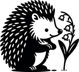 Curious hedgehog sniffing Lily of the Valley flower in a peaceful woodland garden
