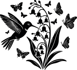 Hummingbird and butterflies fluttering gently around blooming Lily of the Valley in spring garden