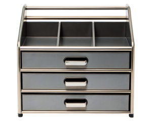 Desk organizer with three drawers and top sections on a transparent background