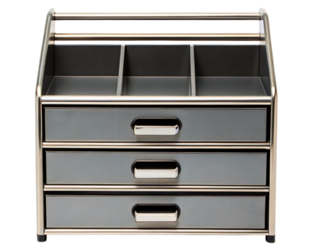 Desk organizer with three drawers and top sections on a transparent background