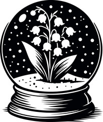 Winter magic captured with Lily of the Valley blooming inside a dreamy snow globe display
