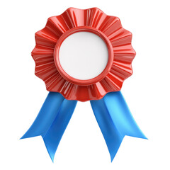 Red Award Ribbon Rosette Badge with Blue Tails for Achievement or Honor isolated on transparent white background, clipping path