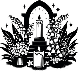 Serene memorial moment with a flickering candle and fresh Lily of the Valley flowers