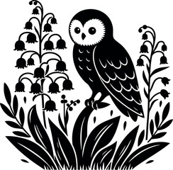 Graceful owl surveys a beautiful grove blooming with soft Lily of the Valley flowers