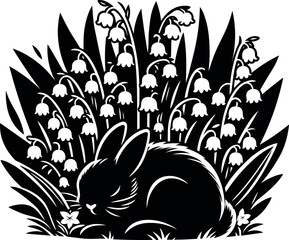 Gentle rabbit resting quietly beneath lush Lily of the Valley bushes in soft sunlight
