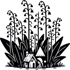 Magical tiny elf village nestled quietly among delicate Lily of the Valley stems in spring