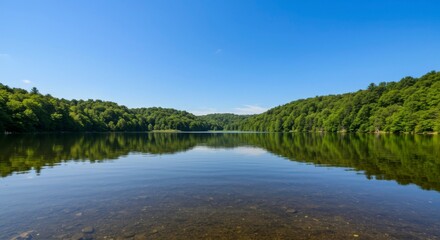 Fototapeta premium Serene lake reflecting lush forest
