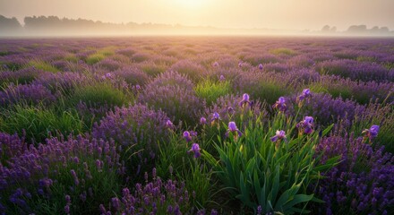 Naklejka premium Serene sunrise over a vast lavender field, punctuated by vibrant purple irises amidst the morning mist