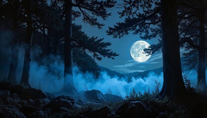 Naklejka premium Enchanted forest with glowing fireflies at night in lush greenery 