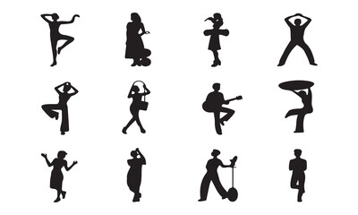 A collection of black silhouette figures depicting various activities vector art on white