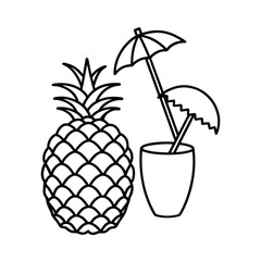 Pineapple drink with straw and umbrella Line Art Vector illustration