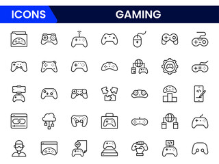 Vibrant vector web line icons showcasing gaming, controllers, virtual worlds, e-sports, and immersive digital entertainment experiences.