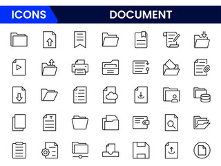 Streamlined vector web line icons depicting document management, filing, organization, digital archives, and efficient data handling solutions.