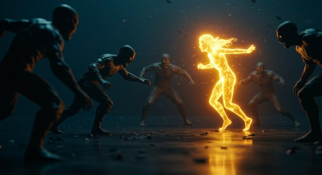 Fiery woman stands defiant against attacking figures
