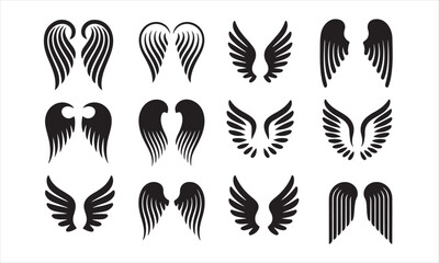Set of Various Black and White Angel Wing Designs, a collection of diverse angel wing silhouettes in a simple, clean design vector art on white