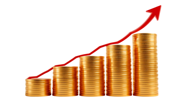 PNG of money growth on transparent 3D podium with arrow, showing business success, finance, investment, and profit concept.