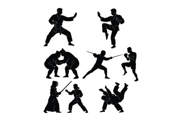 Collection of silhouettes of martial arts and Black vector icons bundle