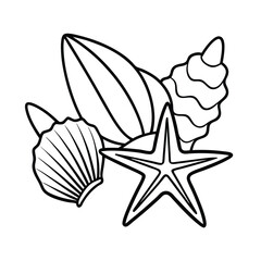 Seashell and starfish grouped together Line Art Vector illustration
