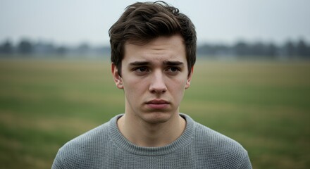 Portrait of a pensive young man in a field