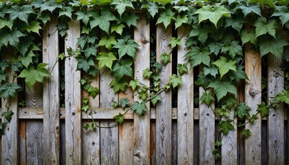 Wooden fence covered with green ivy leaves in a natural setting  