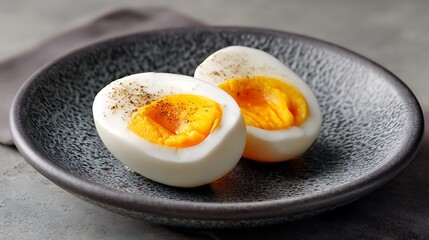 Halved Hard-Boiled Eggs with Seasoning on a Dark Plate