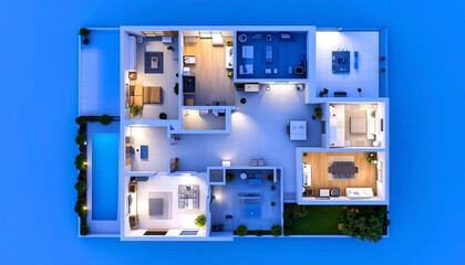 Luxury Smart Home Floor Plan Nighttime Aerial View of Modern Residence with Pool
