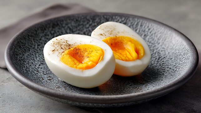 Halved Hard-Boiled Eggs with Seasoning on a Dark Plate