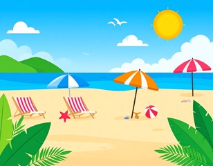 Obraz premium Tropical summer beach paradise with sun, palm trees, and an umbrella on the sand, perfect for a relaxing vacation