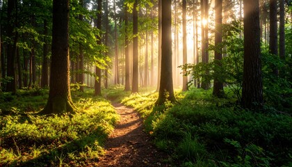 Obraz premium Sunlight filtering through a misty forest