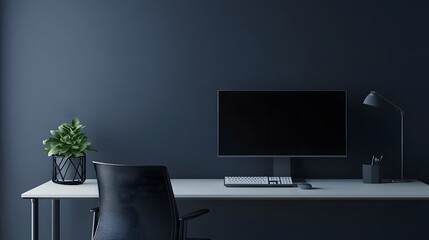 Modern Minimalist Home Office Workspace with Dark Wall Background