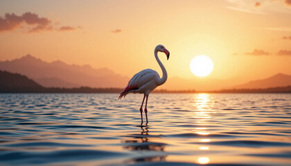 Flamingo Standing Gracefully in Shallow Water &ndash; Peaceful Wildlife Scene