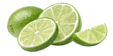 Green lime with cut in half and slices isolated on white background, AI Generative