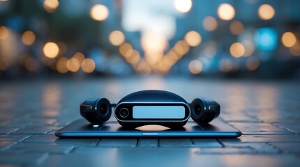 Sleek Wireless Headphones Resting on Tablet in Urban Night Setting Modern Technology and Cityscape