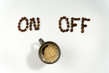 Coffee beans forming the words on and off, with a coffee cup underneath, symbolizing a coffee break