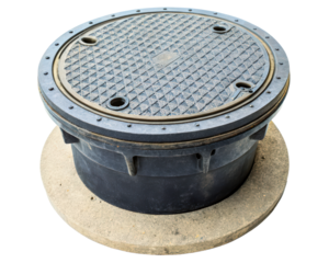 Round manhole cover on a concrete base on a transparent background