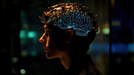 A person wearing a futuristic brain interface shows brain activity