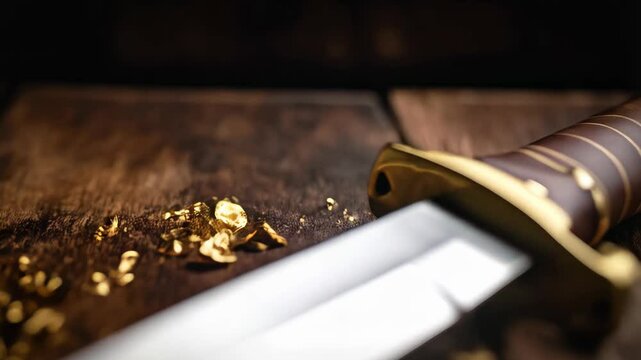 Close-up of a shiny, sharp dagger with gold accents, resting on a rustic wooden surface with scattered gold flakes