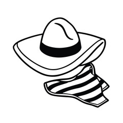 Sunhat paired with beach towel set Line Art Vector illustration