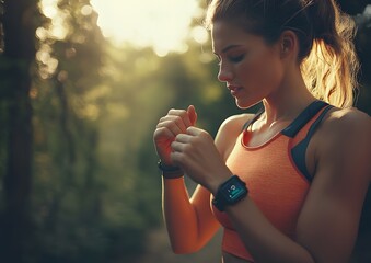 Female trainer adjusting smartwatch before run