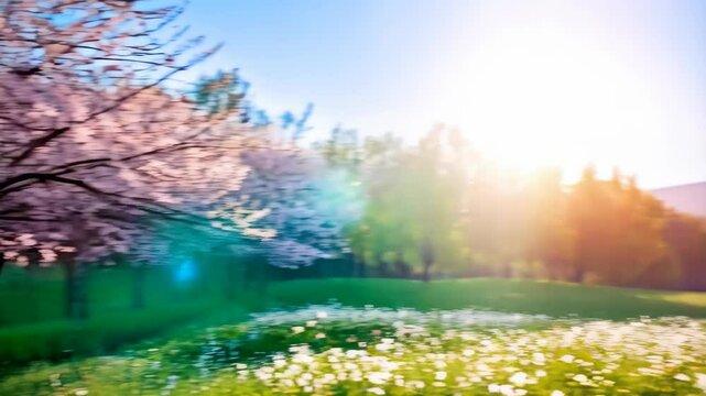 Vibrant spring meadow bokeh with blooming tree branch in foreground, bright sunny day landscape, natural countryside background, idyllic season