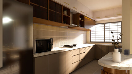 Modern Kitchen with Marble Countertops, Sleek Cabinets, and Culinary Essentials