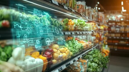 Smart grocery shopping: futuristic scan of fresh produce with data visualization display - Powered by Adobe