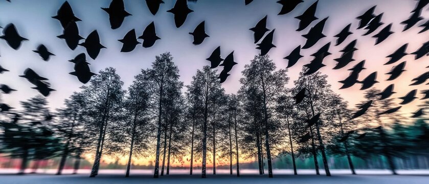 Birds fly over a winter forest at sunrise - Powered by Adobe