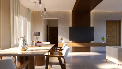Contemporary Dining Area with Elegant Décor and Warm Lighting