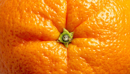 extreme close-up top view of fresh orange peel texture with stem detail, vibrant citrus fruit skin for natural and healthy background
