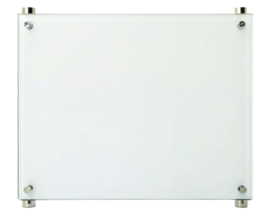 Clear glass board mounted with four metal standoffs on a transparent background