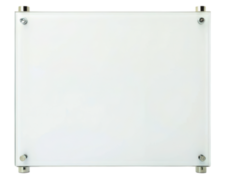 Clear glass board mounted with four metal standoffs on a transparent background