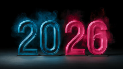 Glowing neon 2026 numbers in blue and pink, futuristic new year celebration concept on dark background

