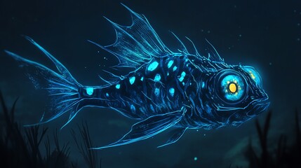 Mystical bioluminescent fish gracefully swims in the deep dark ocean