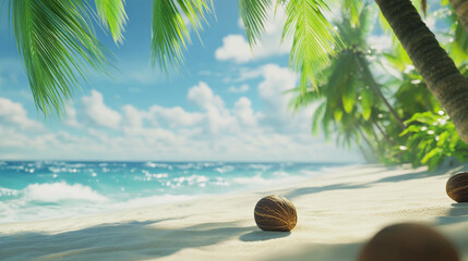 Obraz premium Serene tropical beach with azure water and swaying palm trees, white sand, turquoise water with beautiful cloudy sky, abstract beach background with calm ocean waves.